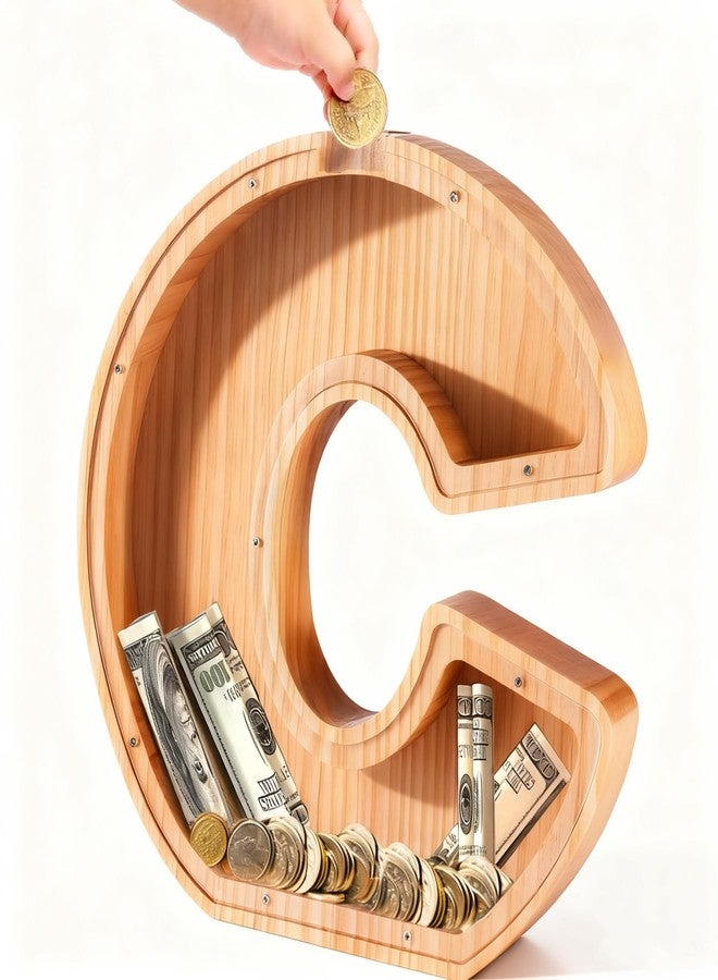 Bemaystar Letter Piggy Bank for Kids-Kids Piggy Bank for Boys Girls, 9 Inch Wooden Coin Bank Money Bank (C, 9 inch) - Image 1